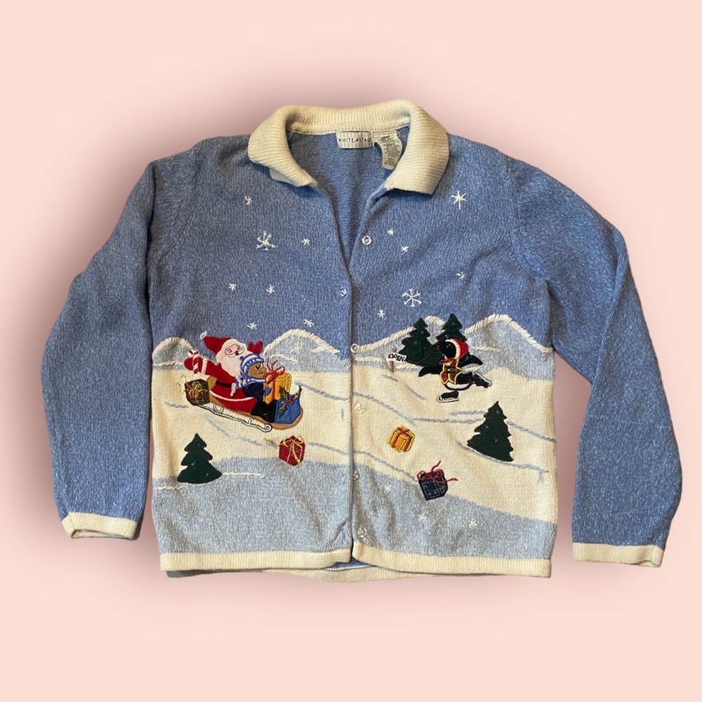 Vintage Ugly Christmas Santa Embroidered Cardigan | White Stag Size Large